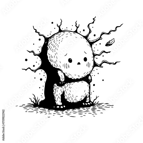 Whimsical illustration of a cute creature embracing its melancholy amidst swirling chaos and