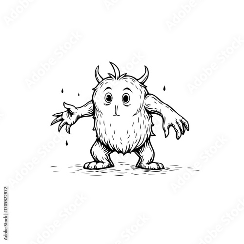 Whimsical Illustration: Fluffy creature with horns and wide eyes adds a touch of delightful oddity