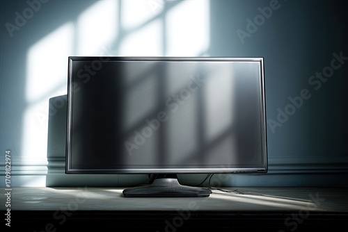 Flat-screen monitor in a room, sunlit shadows