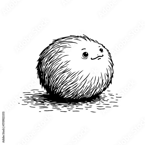 Whimsical ink drawing of a fluffy orb creature with an endearing expression on white background
