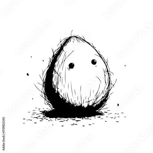 Whimsical ink drawing of a fuzzy creature with tiny eyes isolated in stark monochrome simplicity