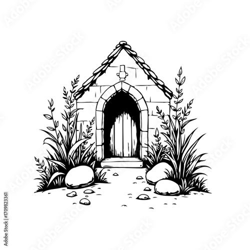 Whimsical ink drawing of a miniature stone structure nestled amongst verdant flora and scattered