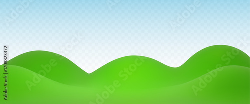 3d green grass hill vector on transparent background. Cartoon lawn with mountain. Nature render illustration.