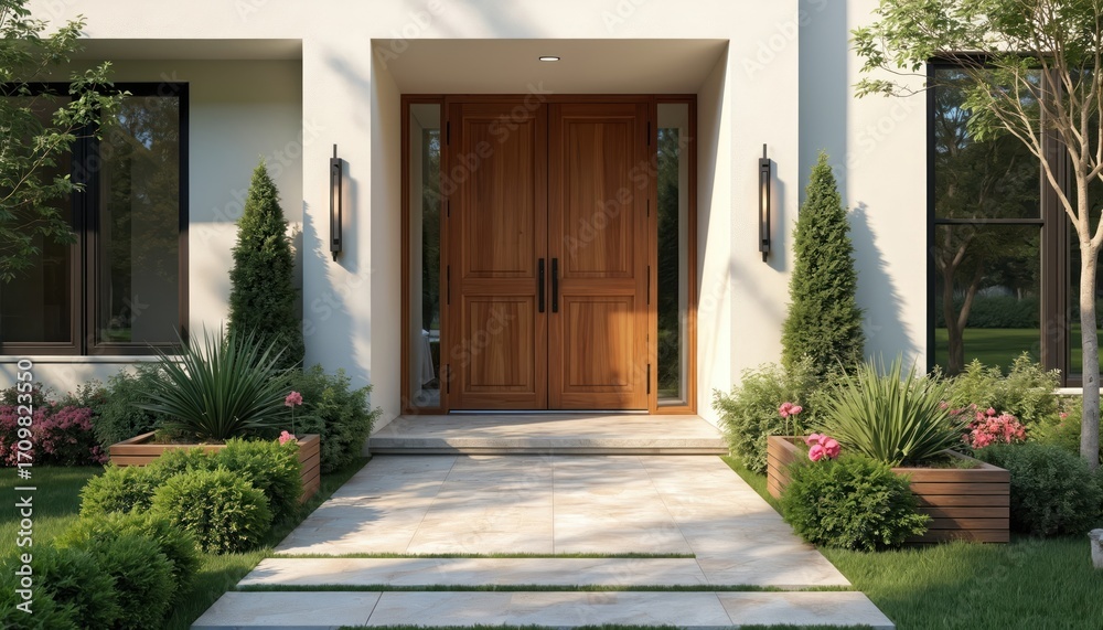 Naklejka premium Contemporary house exterior with light walls, dark framed windows, grand wooden double door entrance. Green landscaping with plants, flowers surrounds elegant residence, modern architectural style,