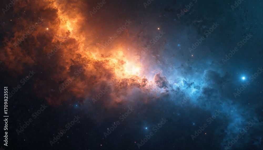Fototapeta premium Vibrant orange, blue nebulae swirl with countless stars against deep black background. Cosmic scene displays celestial phenomena, shining stardust, galaxy formations. Mystical, dream-like