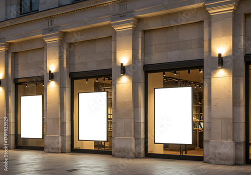 Elegant storefront facade with illuminated display windows, showcasing blank advertising spaces.