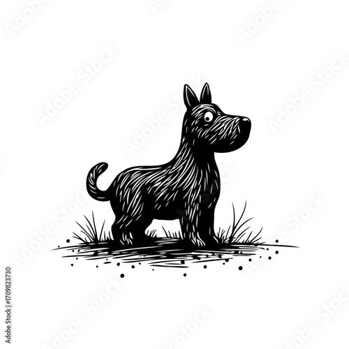 Whimsical monochrome depiction of a curious terrier standing alert in a grassy area staring