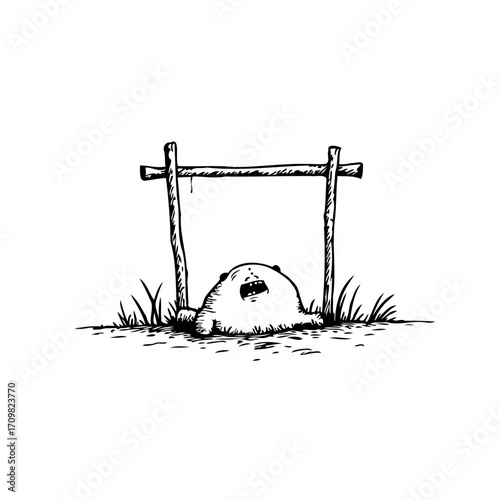 Whimsical monochrome drawing depicting a fluffy creature trapped beneath a rustic wooden structure