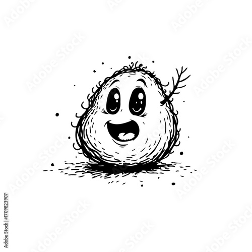 Whimsical monochrome illustration of a joyous organic shape with big eyes and a twig a smile delight