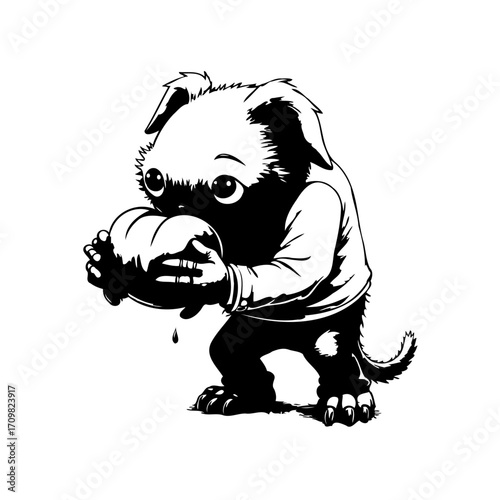 Whimsical monochrome illustration of a puppy holding a luminous orb that conveys childlike wonder