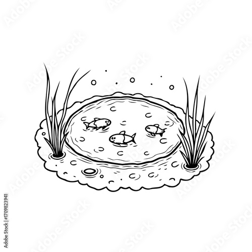 Whimsical monochrome illustration of a serene pond with fish and reeds creating peaceful scene