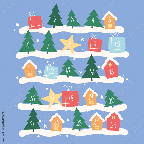 Advent calendar, Christmas tree, houses, stars, brochure design, Christmas decor, flat vector on a white background, isolated