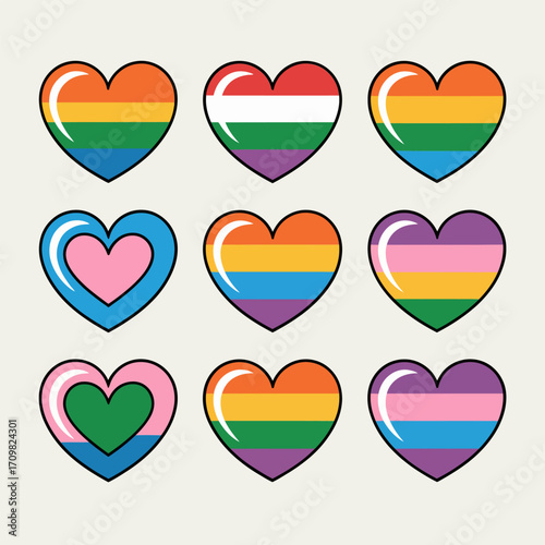 Pride heart collection, glossy sticker bundle, assorted colorful flag variations, diversity symbols, romantic love icons, printable vector