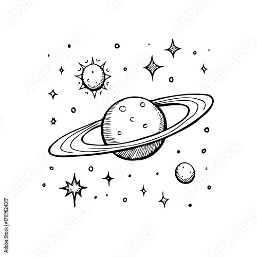 Whimsical planetary system sketch featuring a ringed planet amidst a scatter of stars and