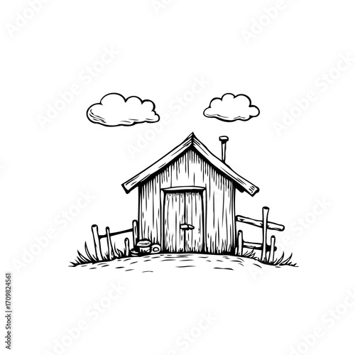 Whimsical rustic shed drawing underneath puffy white clouds sketch of simple life illustration