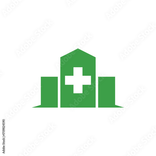 Healthcare logo with abstract hospital building and cross in solid green