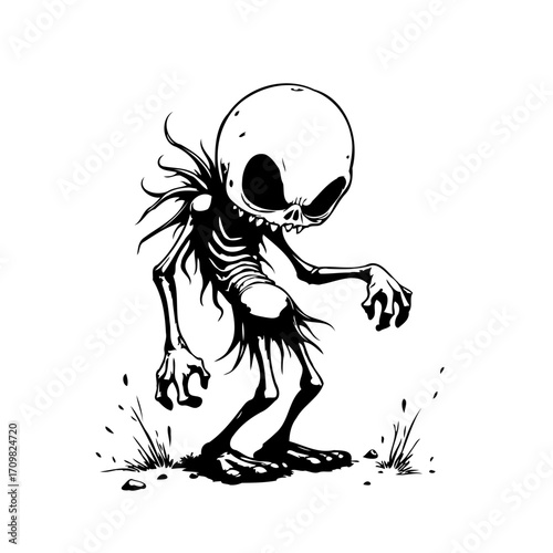 Whimsical skeletal figure illustration on white portraying a cartoonish halloween halloween eerie