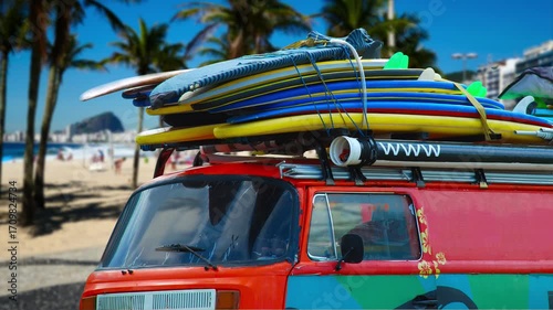 Surfboards being transported on the roof of a car in Rio de Janeiro