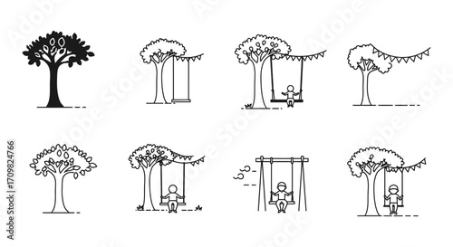 A collection of minimalist tree and swing set illustrations in black and white