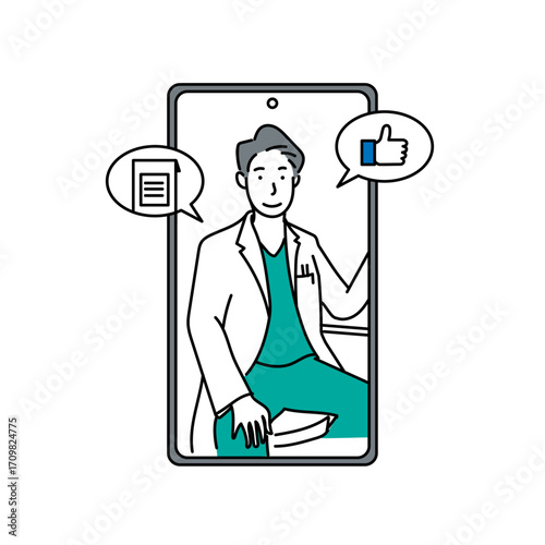 スマートフォン画面に映る男性医師が患者にオンライン診察を行い、資料を提示し承認や同意を伝えるイラスト｜遠隔医療や在宅診療における信頼と安心を表現