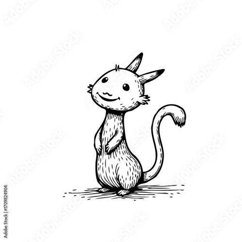 Whimsical sketched creature stands looking upward with an endearing expression rendered in fine