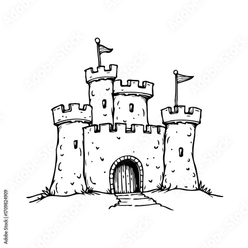 Whimsical sketch showcasing fantasy stronghold with turrets and flying banners against a clear