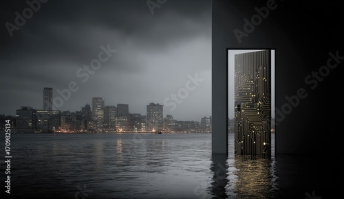 Flood waters recede, revealing a futuristic door to a city skyline