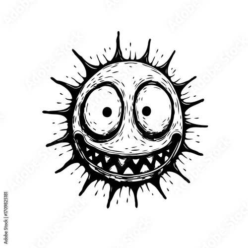 Whimsical sunshine character with expressive eyes and jagged grin radiates quirky cheerfulness in