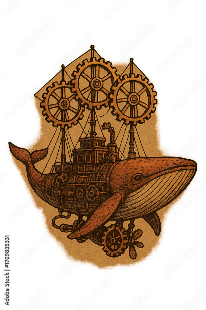 Fototapeta premium Steampunk Whale Airship with Gear Sails