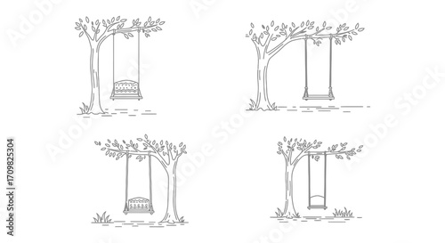 Simple black and white illustration of trees with hanging swings