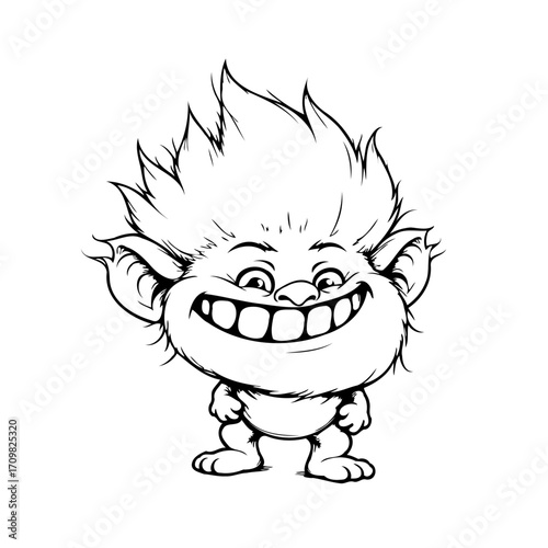 Whimsical troll character illustration showcasing a fun loving mischievous grin and spiky hairdo