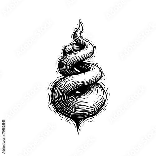 Whimsical vortex illustration captures a mesmerizing spiral dance with a unique graphic style
