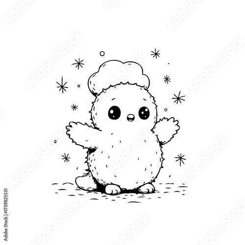 Whimsical winter character illustration delightful fuzzy creature snowfall cute design charming
