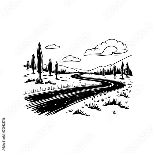 Winding road amidst nature's embrace, a journey through scenic beauty with tall trees and clouds