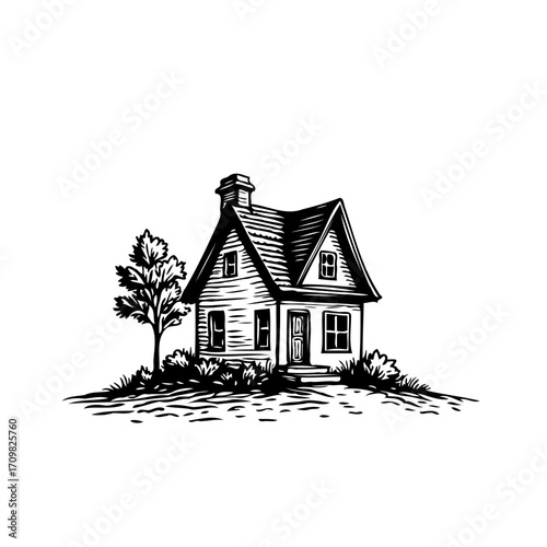 Woodcut style illustration of a charming house amidst nature perfect for architectural designs and