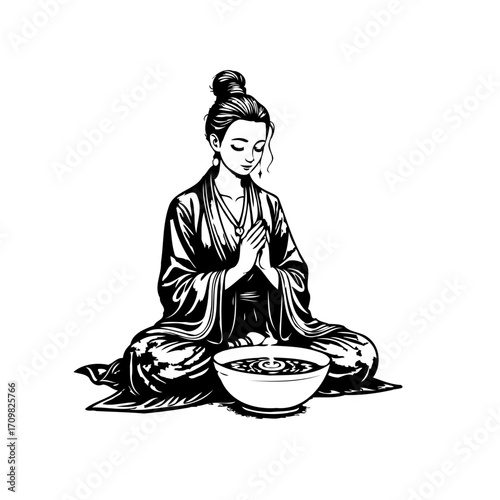 Woman in peaceful contemplation meditating over a bowl enhancing inner balance through mindfulness
