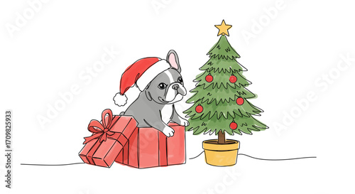 Dog in a red Santa Claus hat in a gift box next to a Christmas tree – line doodle drawing with watercolor fill, SVG