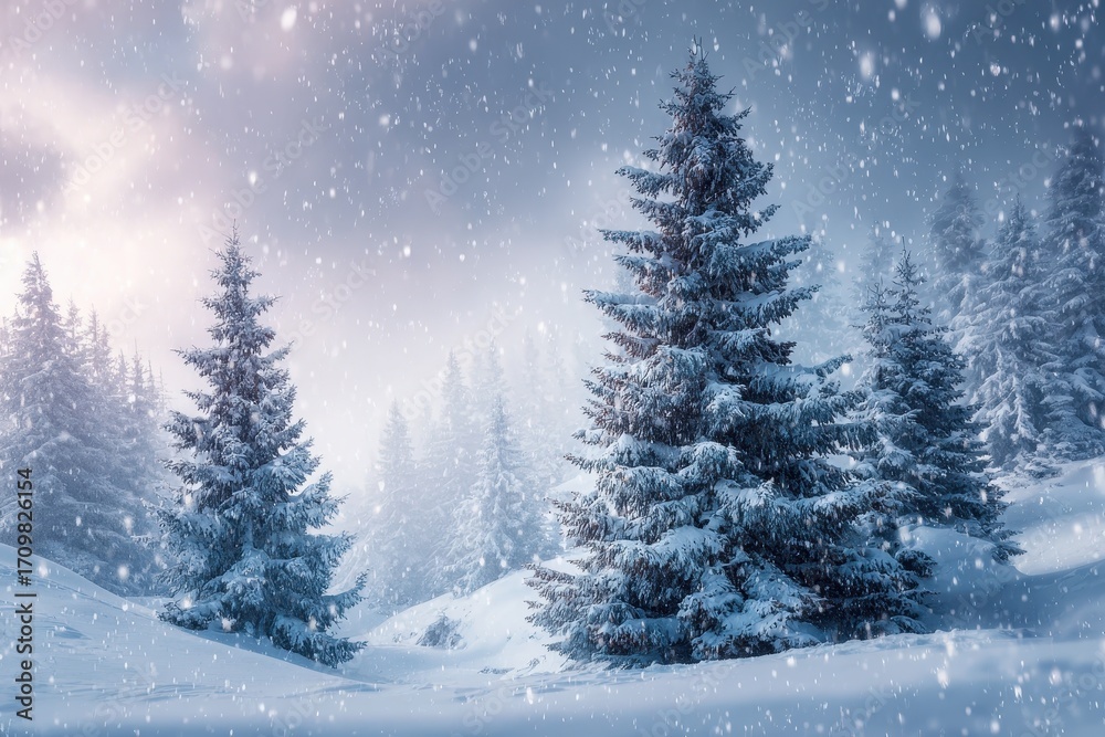 Obraz premium Snow-covered trees create a serene winter landscape, as gentle snowflakes fall gracefully in a tranquil setting at dawn