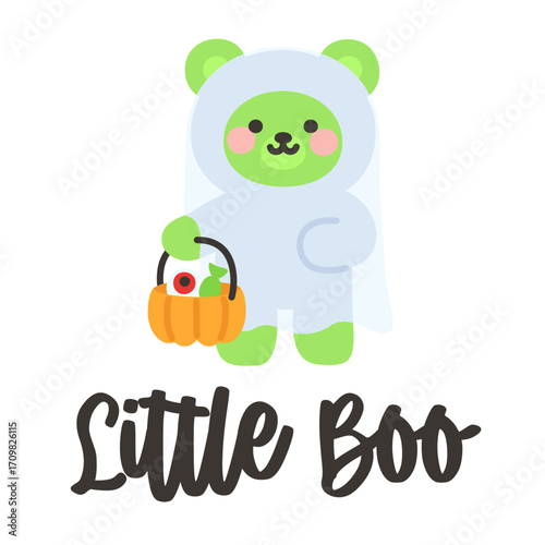 Cute Halloween Little Boo Bear in Ghost Costume Holding Pumpkin