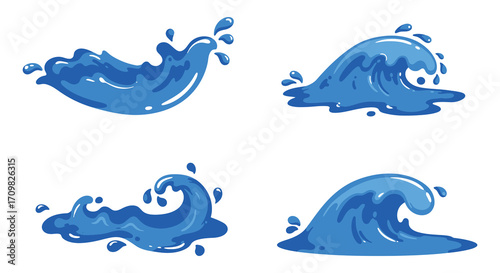 Four stylized blue water wave shapes against a white background