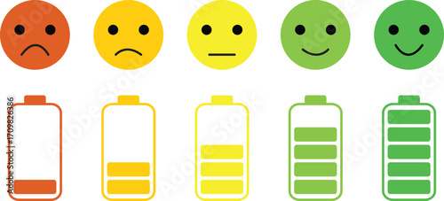 Battery charge indicator icon set in colorful style. Phone charge showing percentage level_0%, 20%, 40%, 60%, 80%, and 100%. Discharged and fully charged battery level from 0 to 100 percent.