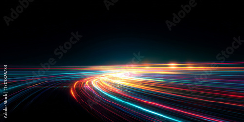 Panoramic abstract technology background with fast light trails and digital grid. Represents high-speed networks and futuristic motion. Great for tech startups or events.
