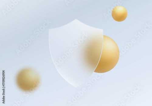 Elegant glass-style white shield with floating golden spheres on soft blue background, futuristic protection and digital security concept