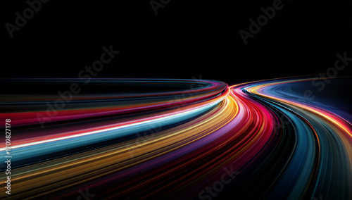 Abstract laser beams and light particles flow smoothly, evoking speed and power. Perfect for dynamic digital artwork. Cyberpunk light trails in motion or slow shutter effect. Neon stripes in the form.