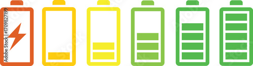 Battery charge indicator icon set in colorful style. Phone charge showing percentage level_0%, 20%, 40%, 60%, 80%, and 100%. Discharged and fully charged battery level from 0 to 100 percent.