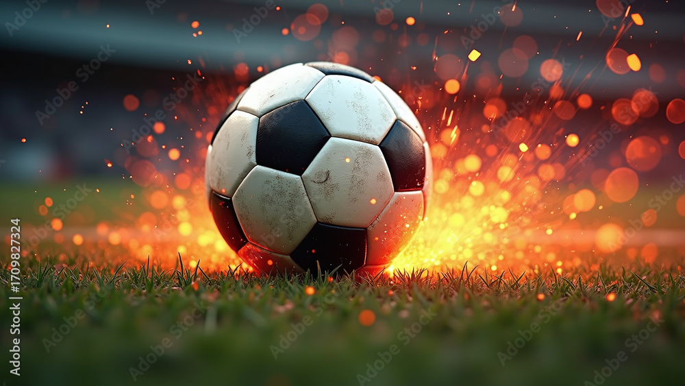 Fototapeta premium Soccer ball blazes on grass—fiery sparks erupt in orange glow, igniting impact and intensity. 