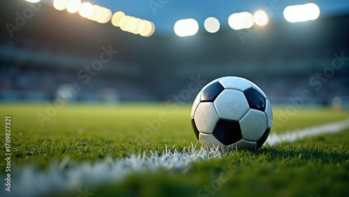 Soccer ball rests near white line—stadium lights blaze above green pitch in pre-match anticipation.
