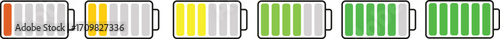 Battery charge indicator icon set in colorful style. Phone charge showing percentage level_0%, 20%, 40%, 60%, 80%, and 100%. Discharged and fully charged battery level from 0 to 100 percent.