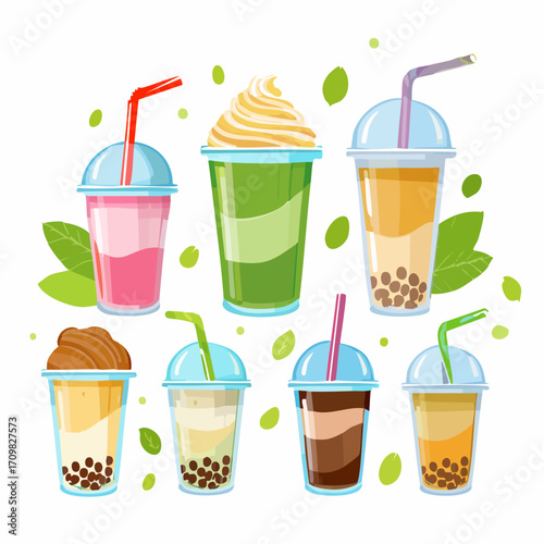 Various cold drinks and desserts set. Collections of coffee, bubble tea, matcha latte, ice cream and other types of beverages in plastic cup, paper mug, glass. Vector illustration.