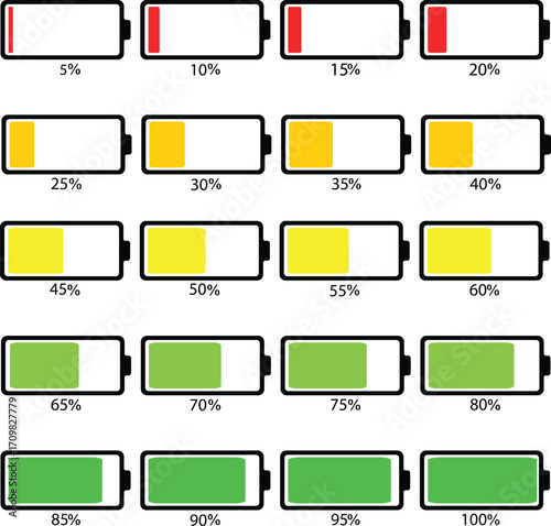 Battery charge indicator icon set in colorful style. Phone charge showing percentage level_0%, 20%, 40%, 60%, 80%, and 100%. Discharged and fully charged battery level from 0 to 100 percent.
